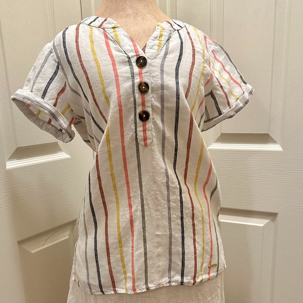 Ellen Tracy Stripped Short Cap Sleeve Pure Linen Shirt Top Blouse Size Small.